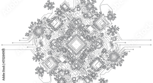 Complex digital architecture blueprint with intricate circuit connections on white background