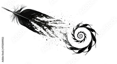 Conceptual illustration showcasing feather disintegration into swirling cosmic energy trails
