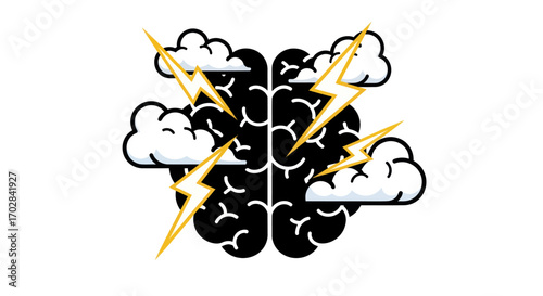 Conceptualization of mental activity depicted through brain clouds and lightning bolts