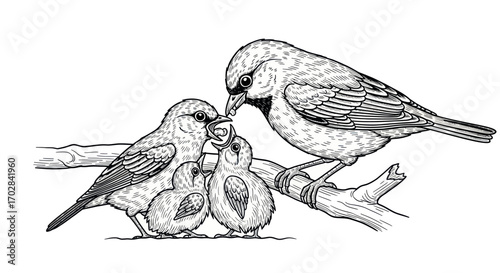 Delicate line art of a bird family on a branch illustrating avian parenting