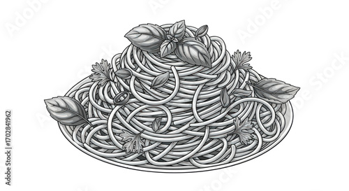 Delicate monochromatic illustration of spaghetti topped with fresh basil and parsley leaves