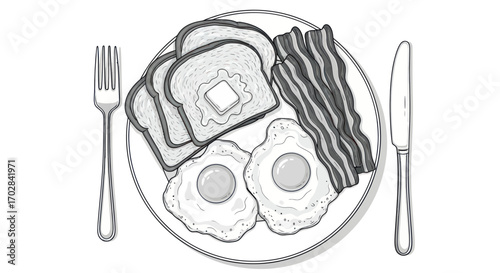 Delicious classic american breakfast with toast butter eggs and bacon in a black and white style