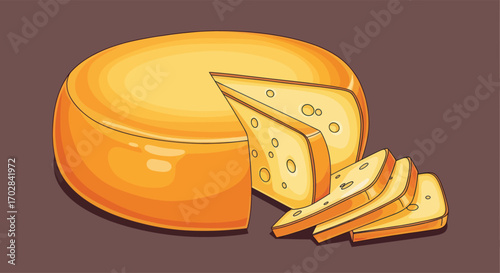 Delicious dairy delight: A stylized illustration of cheese wheel with cut slices displayed against