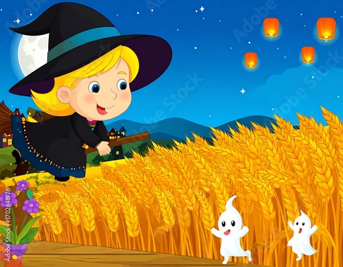 Witch girl flies over wheat field at night