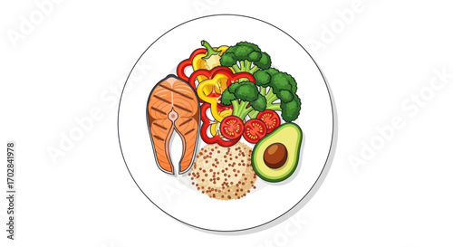 Delightful cartoon rendering showcasing a nutritious balanced meal on a white plate