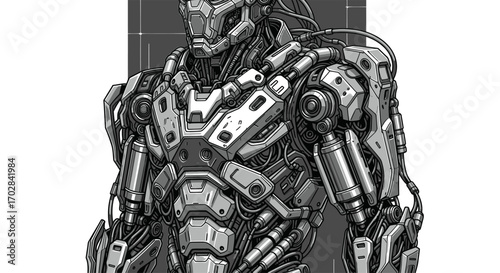 Detailed futuristic armored robot drawing with intricate mechanical parts and design elements