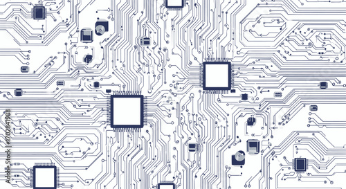 Detailed circuit board diagram showcasing interconnected microchips and electronic pathways