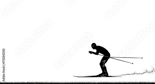 Dynamic silhouette of a cross-country skier gliding swiftly across a snowy landscape with speed