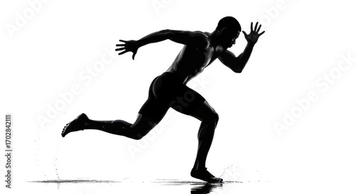 Dynamic silhouette of a sprinter launching with powerful momentum across water surface