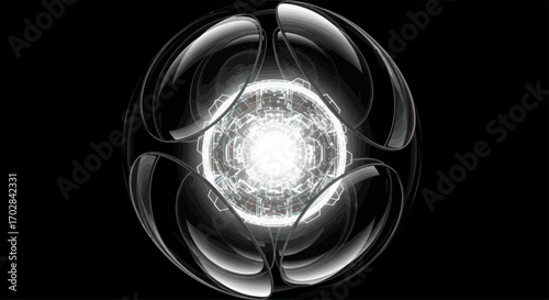 Futuristic glowing energy core enclosed in a transparent protective sphere design