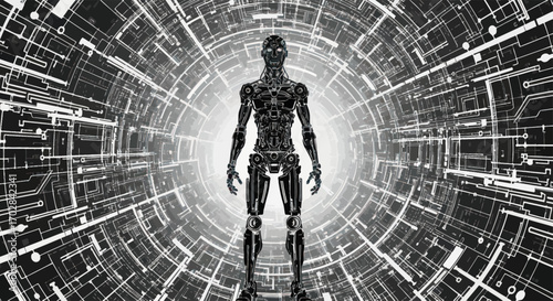 Futuristic humanoid robot standing inside a network of complex digital circuitry