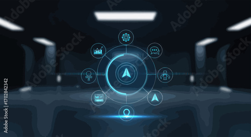 Futuristic navigational interface projecting over dimly lit abstract space visualization