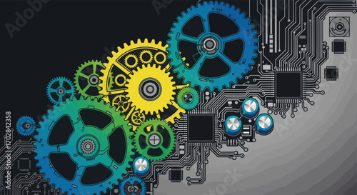 Gears and circuits intricate design showcasing mechanical engineering and technology fusion