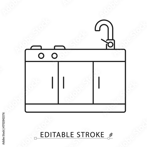 Kitchen cabinet icon in minimalist outline style with editable stroke. Household furniture, kitchen storage, cupboard with sink, faucet, cooking area, home interior design, modern furniture element.