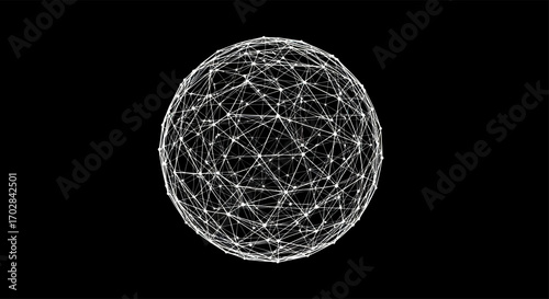 Intricate network sphere illuminated against a vast dark backdrop showcasing interconnected data