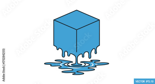 Isometric blue cube melting with water dripping, depicting the process of thawing and transition