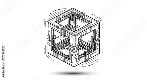 Isometric tech cube with circuit board pattern intricate design schematic