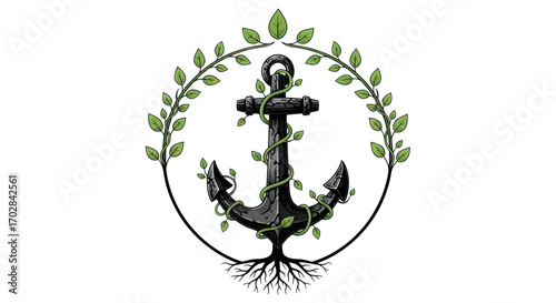 Maritime symbol transformed an artistic representation of anchor and foliage in balance