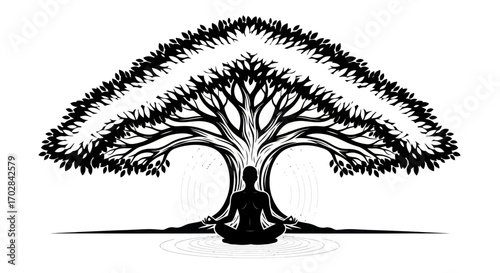 Meditative Harmony: Serene Figure Beneath Tree of Life, Embracing Inner Stillness