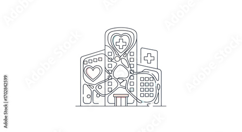 Minimalist healthcare complex outline design with heart and plus signs, innovative building