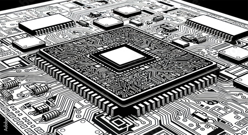 Monochrome circuit board design representing advanced technology and digital systems innovation