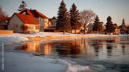 Sunset reflections on a frozen lake beside cozy homes in a winter landscape
