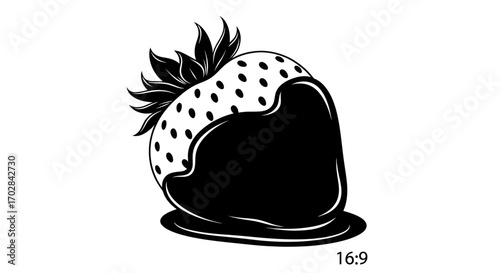 Monochrome depiction of a strawberry dipped in chocolate evoking sweet indulgence
