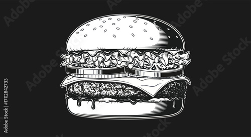 Monochrome Burger Illustration featuring Detailed Hatching and Classic Design Elements