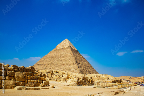 Pyramid of Khafre at Giza with ancient stone ruins in foreground