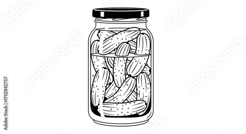 Monochrome drawing of preserved cucumbers in a glass jar ideal for culinary and gastronomy projects