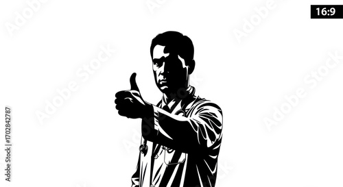 Monochrome illustration of a doctor giving thumbs up gesture in approval and success