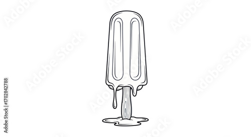 Monochrome illustration of a melting popsicle with dripping juice and wooden stick sketch style