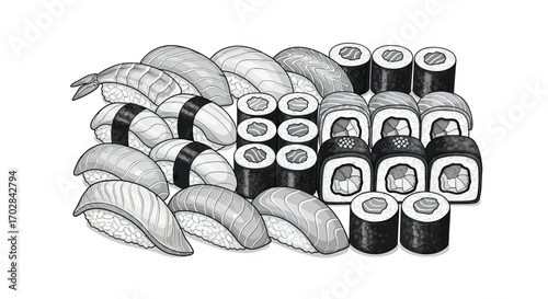 Monochrome marvel, an illustration of an assorted sushi platter with nigiri and maki rolls