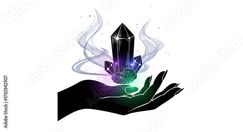 Mystical crystal held in a hand emanating magical smoke isolated against a white backdrop