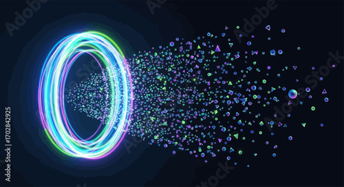 Mystical glowing portal emitting digital fragments into a boundless cosmic realm