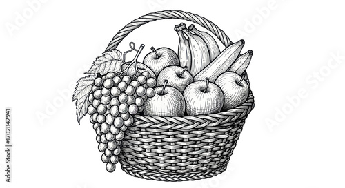 Ornate monochrome depiction of a fruit basket with grapes, apples, and bananas