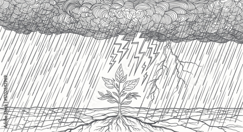 Resilience and Growth: A young plant finds strength in the face of nature's relentless storm