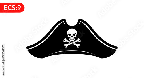 Pirate symbol featuring a skull and crossbones adorning a tricorn hat iconography