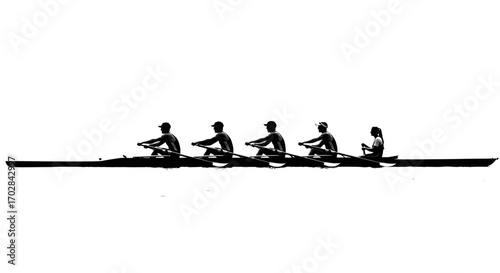 Silhouette artistry of determined rowers in synchronized motion on water forming a harmonious