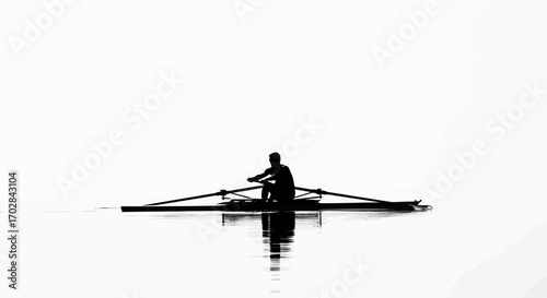 Silhouette of determined rower navigating calm waters showcasing dedication and strength against a