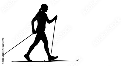 Silhouette of determined woman cross country skiing, fitness and healthy lifestyle in winter