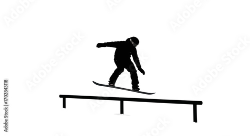 Silhouette of snowboarder executing a rail trick against a stark white backdrop minimal aesthetic