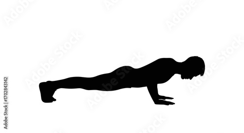 Silhouette representation of a person performing a push-up against a white backdrop
