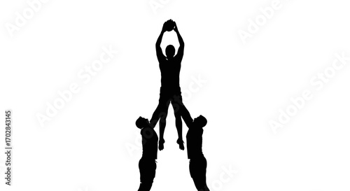 Silhouette trio performing rugby lineout demonstrating athleticism and teamwork on pristine white