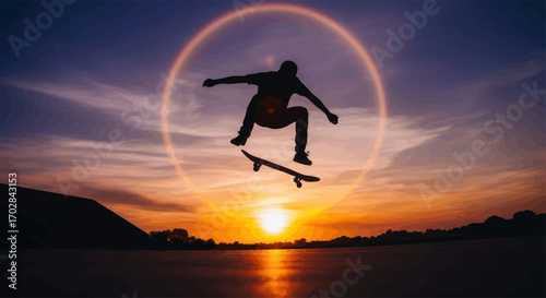 Skateboarder silhouetted against a vibrant sunset with a halo effect creates a stunning image of