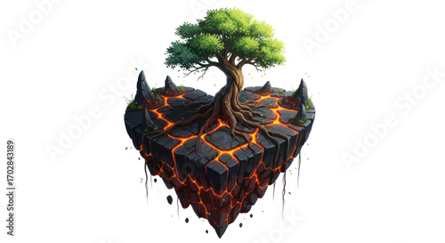 Solitary arboreal island with glowing fissures showcases resilience and contrast