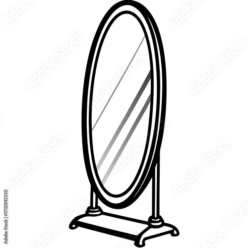 A tall oval standing mirror with a simple base and frame in silhouette isolated on white background