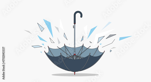 Stylized umbrella with shards symbolizing impact or breakdown on white backdrop