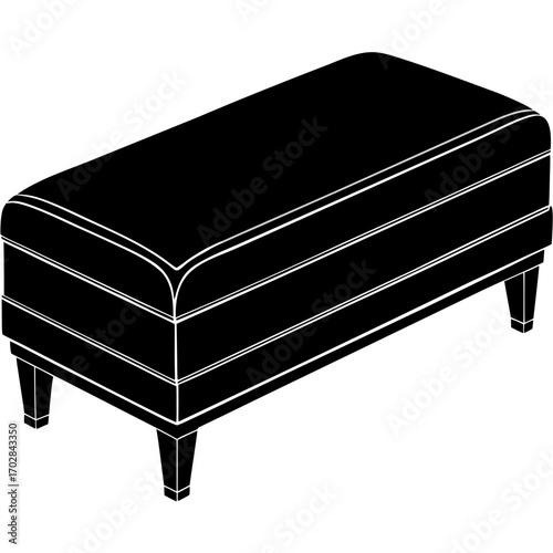 Black silhouette of a rectangular upholstered ottoman with four legs isolated on white background