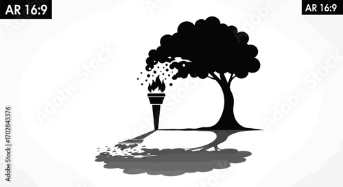 Symbolic contrasting design showing fire torch and tree representing environmental issues